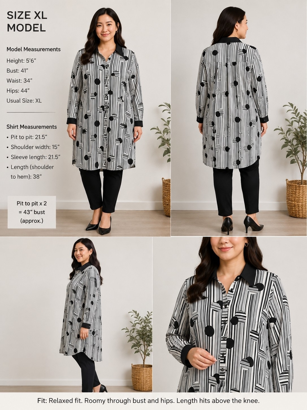 Black & White Printed Button-Front Tunic Shirt - Picture 4 of 4